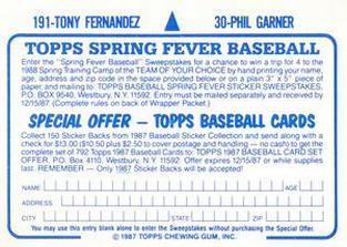 1987 Topps Stickers Hard Back Test Issue #30 / 191 Phil Garner / Tony Fernandez Back