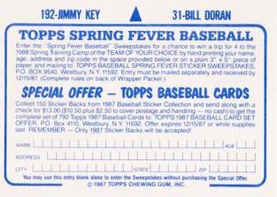 1987 Topps Stickers Hard Back Test Issue #31 / 192 Bill Doran / Jimmy Key Back
