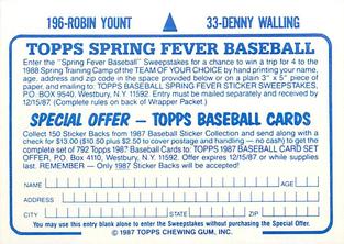 1987 Topps Stickers Hard Back Test Issue #33 / 196 Denny Walling / Robin Yount Back