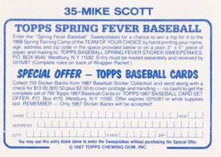 1987 Topps Stickers Hard Back Test Issue #35 Mike Scott Back