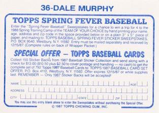 1987 Topps Stickers Hard Back Test Issue #36 Dale Murphy Back