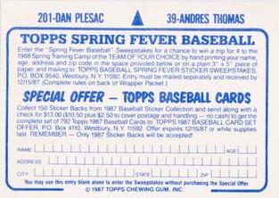 1987 Topps Stickers Hard Back Test Issue #39 / 201 Andres Thomas / Dan Plesac Back