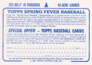 1987 Topps Stickers Hard Back Test Issue #40 / 202 Gene Garber / Billy Jo Robidoux Back