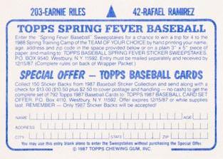 1987 Topps Stickers Hard Back Test Issue #42 / 203 Rafael Ramirez / Earnie Riles Back