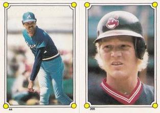1987 Topps Stickers Hard Back Test Issue #44 / 205 Omar Moreno / Pat Tabler Front