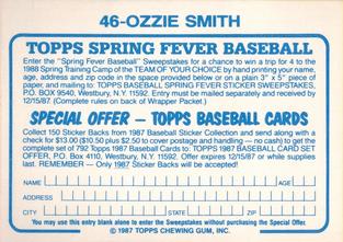 1987 Topps Stickers Hard Back Test Issue #46 Ozzie Smith Back
