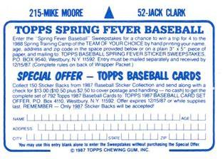 1987 Topps Stickers Hard Back Test Issue #52 / 215 Jack Clark / Mike Moore Back