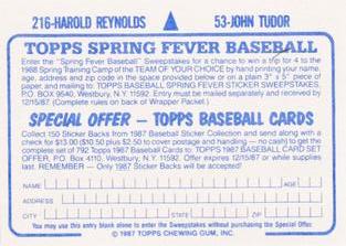 1987 Topps Stickers Hard Back Test Issue #53 / 216 John Tudor / Harold Reynolds Back