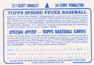 1987 Topps Stickers Hard Back Test Issue #54 / 217 Terry Pendleton / Scott Bradley Back