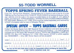 1987 Topps Stickers Hard Back Test Issue #55 Todd Worrell Back