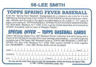 1987 Topps Stickers Hard Back Test Issue #56 Lee Smith Back