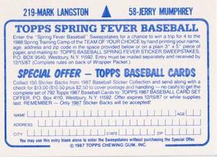 1987 Topps Stickers Hard Back Test Issue #58 / 219 Jerry Mumphrey / Mark Langston Back