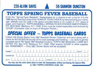 1987 Topps Stickers Hard Back Test Issue #59 / 220 Shawon Dunston / Alvin Davis Back