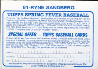 1987 Topps Stickers Hard Back Test Issue #61 Ryne Sandberg Back