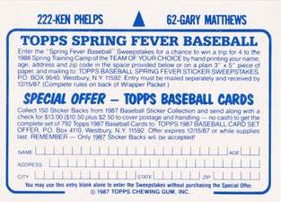 1987 Topps Stickers Hard Back Test Issue #62 / 222 Gary Matthews / Ken Phelps Back