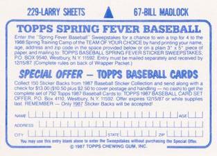 1987 Topps Stickers Hard Back Test Issue #67 / 229 Bill Madlock / Larry Sheets Back
