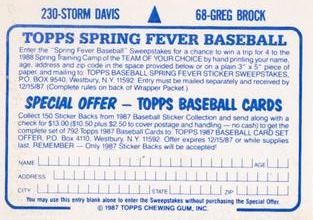 1987 Topps Stickers Hard Back Test Issue #68 / 230 Greg Brock / Storm Davis Back