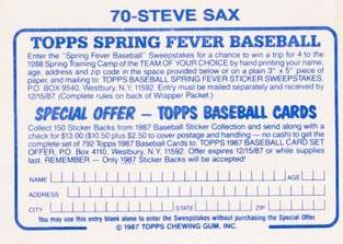 1987 Topps Stickers Hard Back Test Issue #70 Steve Sax Back