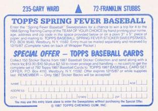 1987 Topps Stickers Hard Back Test Issue #72 / 235 Franklin Stubbs / Gary Ward Back