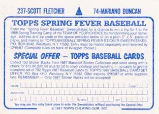1987 Topps Stickers Hard Back Test Issue #74 / 237 Mariano Duncan / Scott Fletcher Back