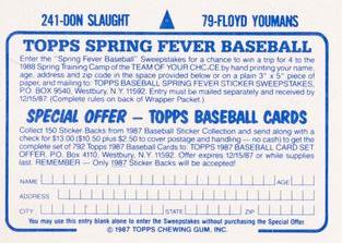 1987 Topps Stickers Hard Back Test Issue #79 / 241 Floyd Youmans / Don Slaught Back