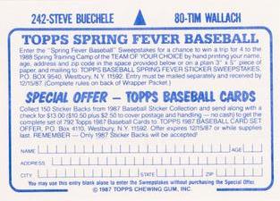 1987 Topps Stickers Hard Back Test Issue #80 / 242 Tim Wallach / Steve Buechele Back