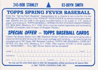1987 Topps Stickers Hard Back Test Issue #83 / 245 Bryn Smith / Bob Stanley Back