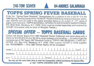 1987 Topps Stickers Hard Back Test Issue #84 / 246 Andres Galarraga / Tom Seaver Back