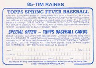 1987 Topps Stickers Hard Back Test Issue #85 Tim Raines Back
