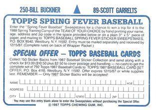 1987 Topps Stickers Hard Back Test Issue #89 / 250 Scott Garrelts / Bill Buckner Back