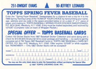 1987 Topps Stickers Hard Back Test Issue #90 / 251 Jeffrey Leonard / Dwight Evans Back