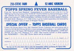 1987 Topps Stickers Hard Back Test Issue #92 / 255 Mike Krukow / Steve Farr Back