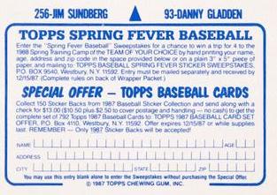 1987 Topps Stickers Hard Back Test Issue #93 / 256 Danny Gladden / Jim Sundberg Back