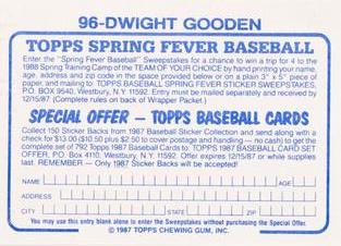 1987 Topps Stickers Hard Back Test Issue #96 Dwight Gooden Back