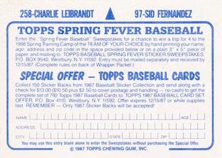 1987 Topps Stickers Hard Back Test Issue #97 / 258 Sid Fernandez / Charlie Leibrandt Back