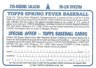 1987 Topps Stickers Hard Back Test Issue #98 / 259 Len Dykstra / Angel Salazar Back