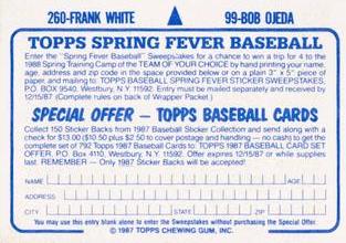 1987 Topps Stickers Hard Back Test Issue #99 / 260 Bob Ojeda / Frank White Back