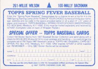 1987 Topps Stickers Hard Back Test Issue #100 / 261 Wally Backman / Willie Wilson Back