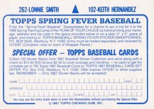 1987 Topps Stickers Hard Back Test Issue #102 / 262 Keith Hernandez / Lonnie Smith Back
