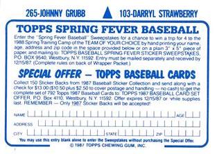 1987 Topps Stickers Hard Back Test Issue #103 / 265 Darryl Strawberry / Johnny Grubb Back