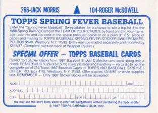 1987 Topps Stickers Hard Back Test Issue #104 / 266 Roger McDowell / Jack Morris Back