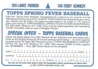 1987 Topps Stickers Hard Back Test Issue #108 / 269 Terry Kennedy / Lance Parrish Back