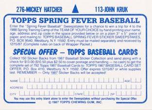 1987 Topps Stickers Hard Back Test Issue #113 / 276 John Kruk / Mickey Hatcher Back