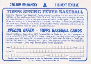 1987 Topps Stickers Hard Back Test Issue #118 / 280 Kent Tekulve / Tom Brunansky Back