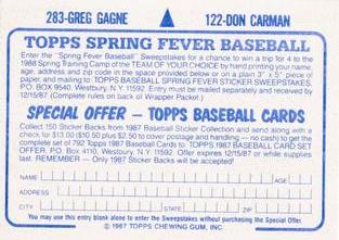 1987 Topps Stickers Hard Back Test Issue #122 / 283 Don Carman / Greg Gagne Back