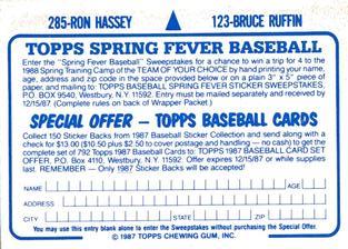 1987 Topps Stickers Hard Back Test Issue #123 / 285 Bruce Ruffin / Ron Hassey Back