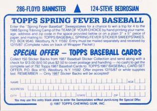 1987 Topps Stickers Hard Back Test Issue #124 / 286 Steve Bedrosian / Floyd Bannister Back