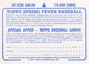 1987 Topps Stickers Hard Back Test Issue #125 / 287 Juan Samuel / Ozzie Guillen Back