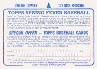 1987 Topps Stickers Hard Back Test Issue #128 / 290 Rick Reuschel / Joe Cowley Back