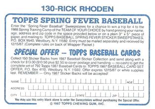 1987 Topps Stickers Hard Back Test Issue #130 Rick Rhoden Back